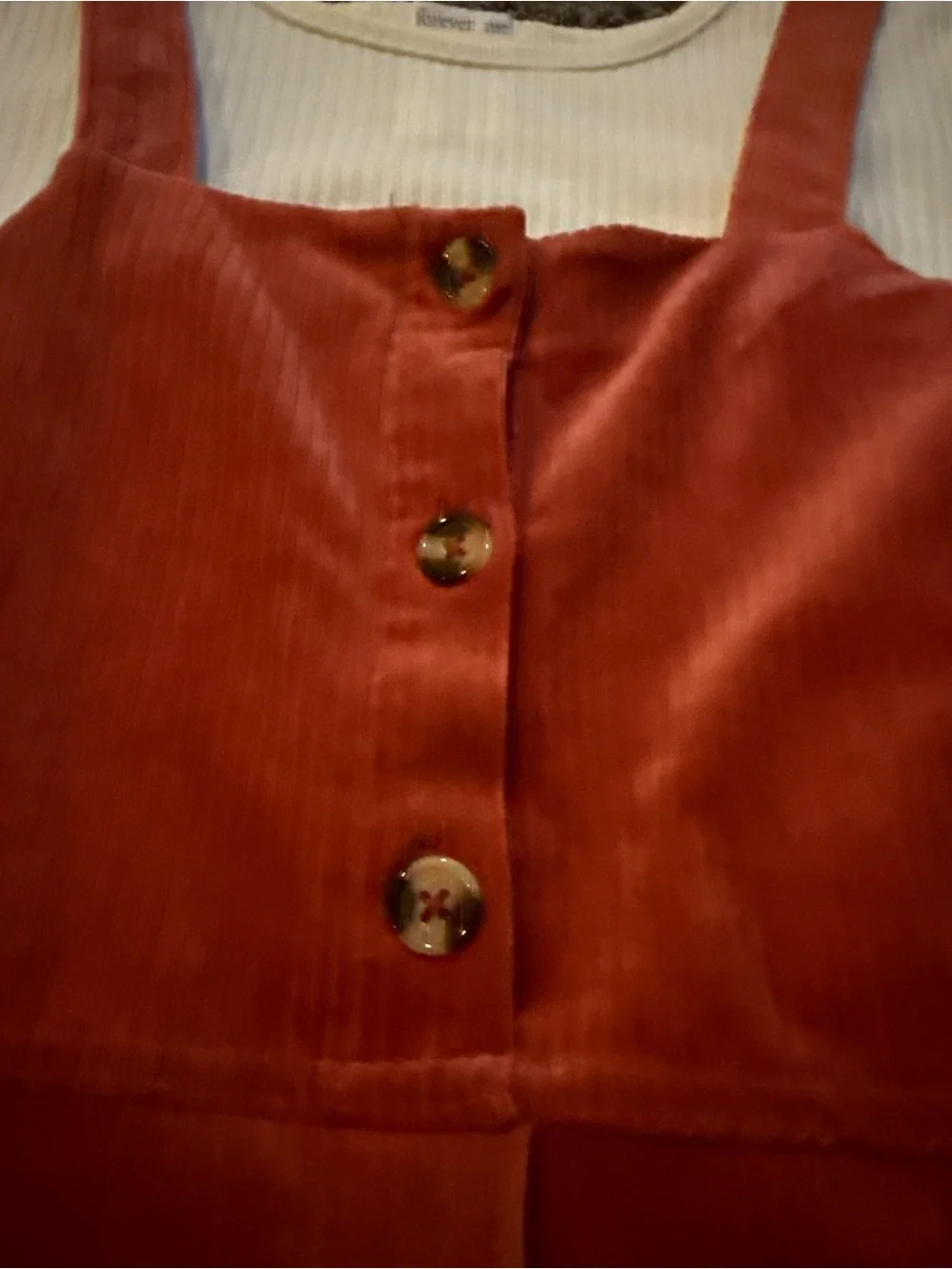 Forever Me Rust Corduroy Button-Front Pinafore Dress with Cream Tee